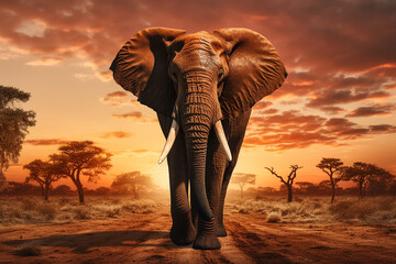 The close up photo of the majestic African elephant under the sunset sky at the Savannah field....