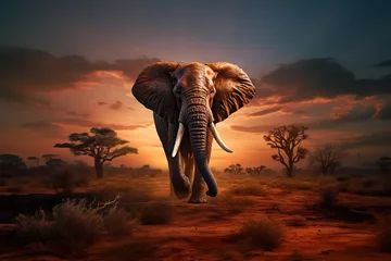 Foto op Aluminium The close up photo of the majestic African elephant under the sunset sky at the Savannah field. Generative AI. © Surachetsh