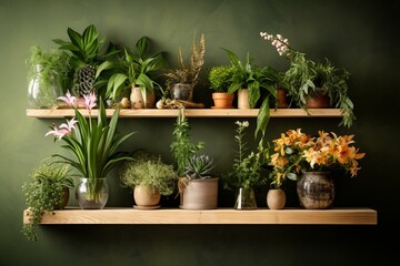 Indoor flora on wooden shelf. Generative AI