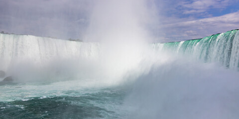 Panoramic low angle, wide and below view of the Horseshoe falls in Niagara Falls, Canada