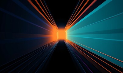 Fototapeta na wymiar Abstract blue and orange tunnel with light rays on black background. Generative AI.