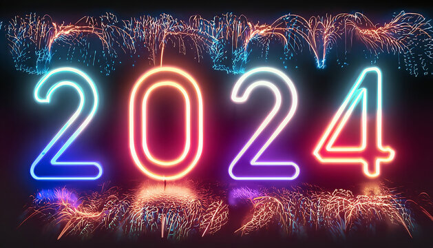 Neon inscription 2024. Colorful fireworks in the background. New Year's Eve, New Year's Eve. 90s style

