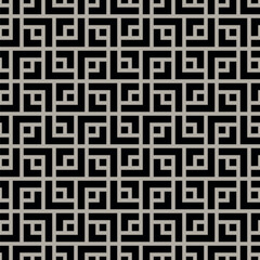 Seamless repeating pattern with black small square elements on a brown background. Abstract geometric maze. Modern ethnic design. Vector illustration.