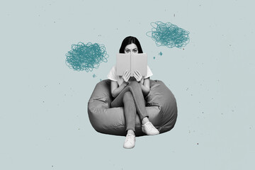 Picture image collage of afraid scared girl relax rest home bean bag read novel detective scary...