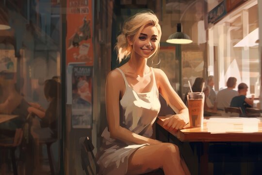 A girl sitting at a table in a bar, in the style of digital painting. Generative AI.
