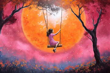 A girl is swinging down a swing under a red sun, in the style of luminous landscape painting, orange and magenta. Generative AI.