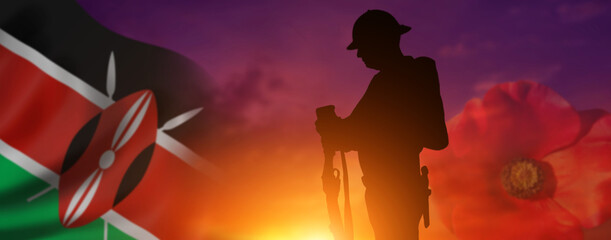 Silhouette of the soldier on Kenya flag background. Remembrance day. 3d illustration