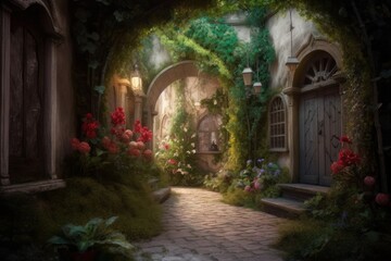 This is an ivy covered alleyway in a fantasy world, in the style of photorealistic renderings. Generative AI.