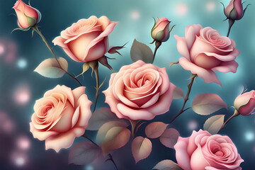 Floral background with pink roses and bokeh. Vector illustration. Generative AI