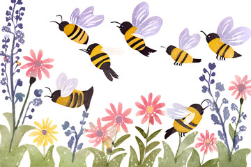 Hand drawn watercolor seamless pattern with bees and flowers. Vector illustration. Generative AI