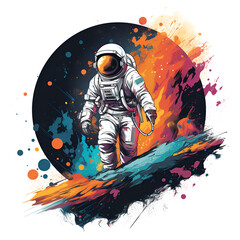 The image features a space explorer, possibly an astronaut, walking across a colorful, abstract background. The astronaut is wearing a white suit and is positioned in the center of the scene. The back