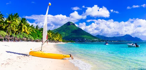 Poster Best tropics destination . tropical beach scenery. Mauritius island stunning  Flic en Flac beach wit water sport activities © Freesurf