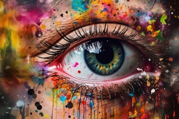 An eye with colorful paints. Generative AI.
