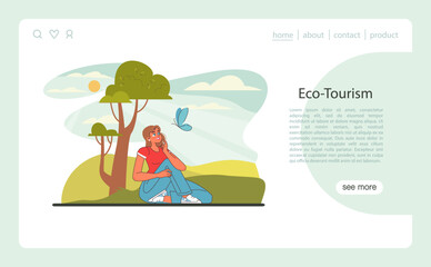 Sustainable tourism web banner or landing page. Ecotourism, eco-friendly recreation. Responsible, low-impact and green travel in local community. Flat vector illustration