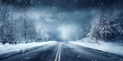 The snow on highway road dangerous winter driving pattern in early morning evening or night blue background 