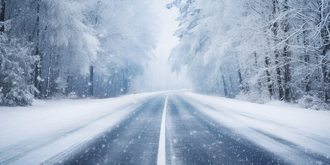 Snow and fog on the winter road landscape / view of the seasonal weather a dangerous road, a winter lonely landscape white snow background 