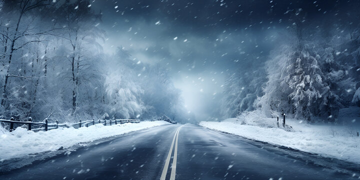 The Snow On Highway Road Dangerous Winter Driving Pattern In Early Morning Evening Or Night Blue Background 