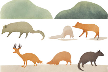Illustration of a set of animal silhouettes. Watercolor. Generative AI