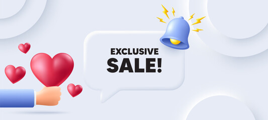 Exclusive Sale tag. Neumorphic background with speech bubble. Special offer price sign. Advertising Discounts symbol. Exclusive sale speech message. Banner with 3d hearts. Vector