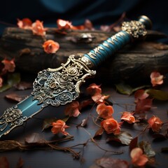 Abstract samurai sword with beautiful carvings with antique and traditional meaning on a plain and elegant background, good for business, anime, inspiration, wallpaper etc. Ai generated image