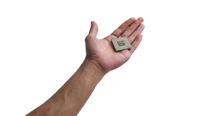 Hand-holding computer CPU chip isolated transparent background