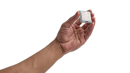Hand-holding computer CPU chip isolated transparent background