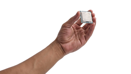 Hand-holding computer CPU chip isolated transparent background