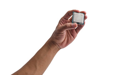 Hand-holding computer CPU chip isolated transparent background