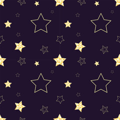Fototapeta premium Pattern with gold stars on dark purple background. Vector illustration