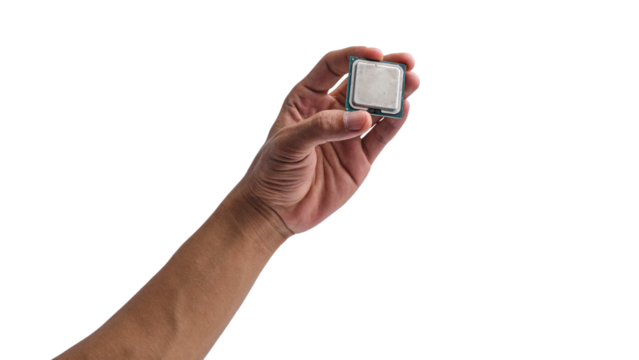 Hand-holding computer CPU chip isolated transparent background