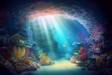 Obraz na płótnie Canvas Ocean cave with sea creatures and corals. Generative AI.