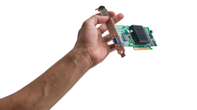 Hand-holding computer graphics card mouse isolated transparent background
