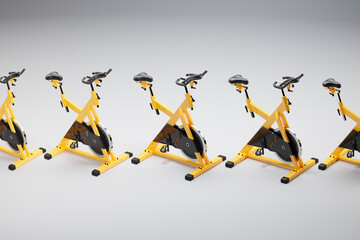 Fitness bicycles or spinning bikes in the modern gym. Cardio, health, wellness - obrazy, fototapety, plakaty