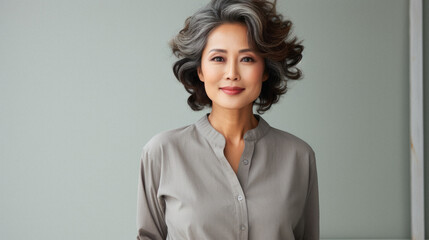 Portrait of a happy senior asian woman on gray background. - obrazy, fototapety, plakaty