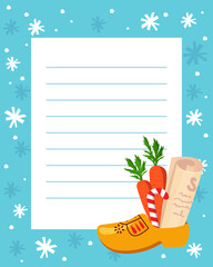Dutch Saint Nicholas letter vector blank template with cute illustration of wooden shoe with carrots and candy. Sinterklaas 