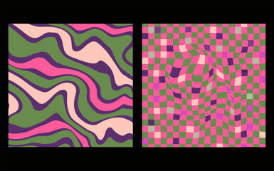 Collection of retro checkerboard backgrounds featuring vivid hues. A groovy and psychedelic chessboard backdrop inspired by the 60s and 70s. Perfect for print templates, textiles, or as a vector wallp