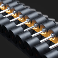 Obraz premium A row of shiny gym dumbbells lined up neatly on a rack, ready for a workout.