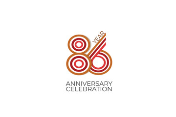 Obraz premium 86th, 86 years, 86 year anniversary with retro style in 3 colors, red, pink and brown on white background for invitation card, poster, internet, design, poster, greeting cards, event - vector