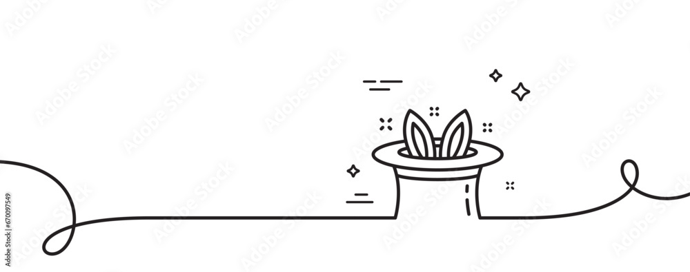 Poster hat-trick line icon. continuous one line with curl. magic tricks with hat and rabbit sign. illusioni
