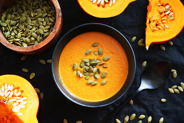 Pumpkin soup with pumpkin seeds next to a cut pumpkin on a dark background