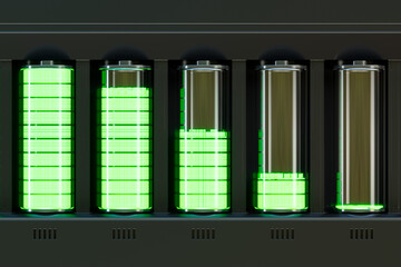 Rechargeable batteries made of metal and glass accumulating energy. Charging