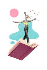 Illustration collage of chicken headless person woman dancing summer sale banner reading book...