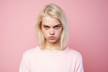 portrait of angry girl in pink sweater