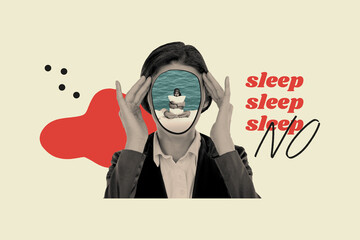 Photo collage of faceless surreal character dreaming thinks woman sleepless hand touch head need...