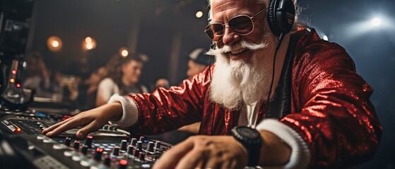 A boisterous Christmas celebration with Santa Claus, dressed festively, spinning records on a DJ...