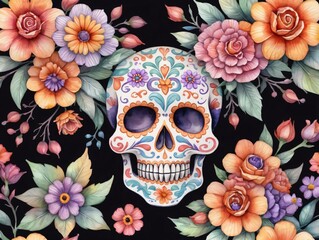 A Skull With Flowers And Leaves On A Black Background