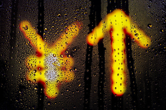 Blurred glowing Japanese yen sign with arrow up made from light bulbs.The symbol of the national currency behind a rain-wet window with water drops in the night.Sign of economic rise.