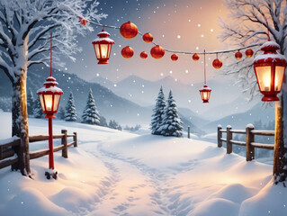 A Snowy Scene With A Path Leading To A Snowy Village
