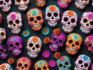 Glasschilderij Schedel Colorful Skulls With Flowers