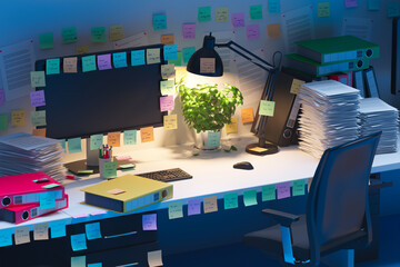 A cluttered desk with scattered papers, notes, and office supplies. Messy work - obrazy, fototapety, plakaty